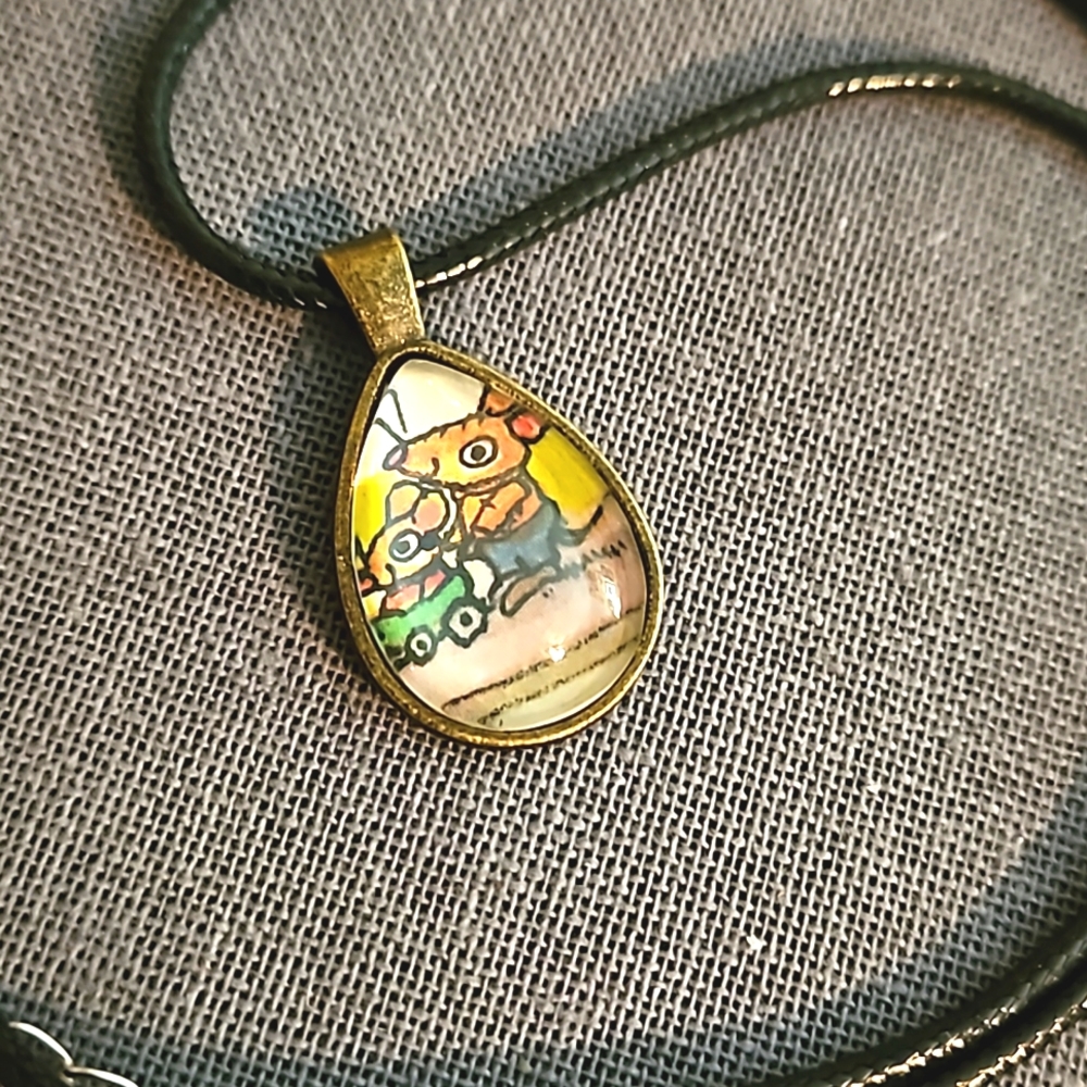 1970s Richard Scarry Mom & baby mice necklace vintage book page pendant brass